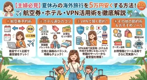 【主婦必見】夏休みの海外旅行を5万円安くする方法！航空券・ホテル・VPN活用術を徹底解説