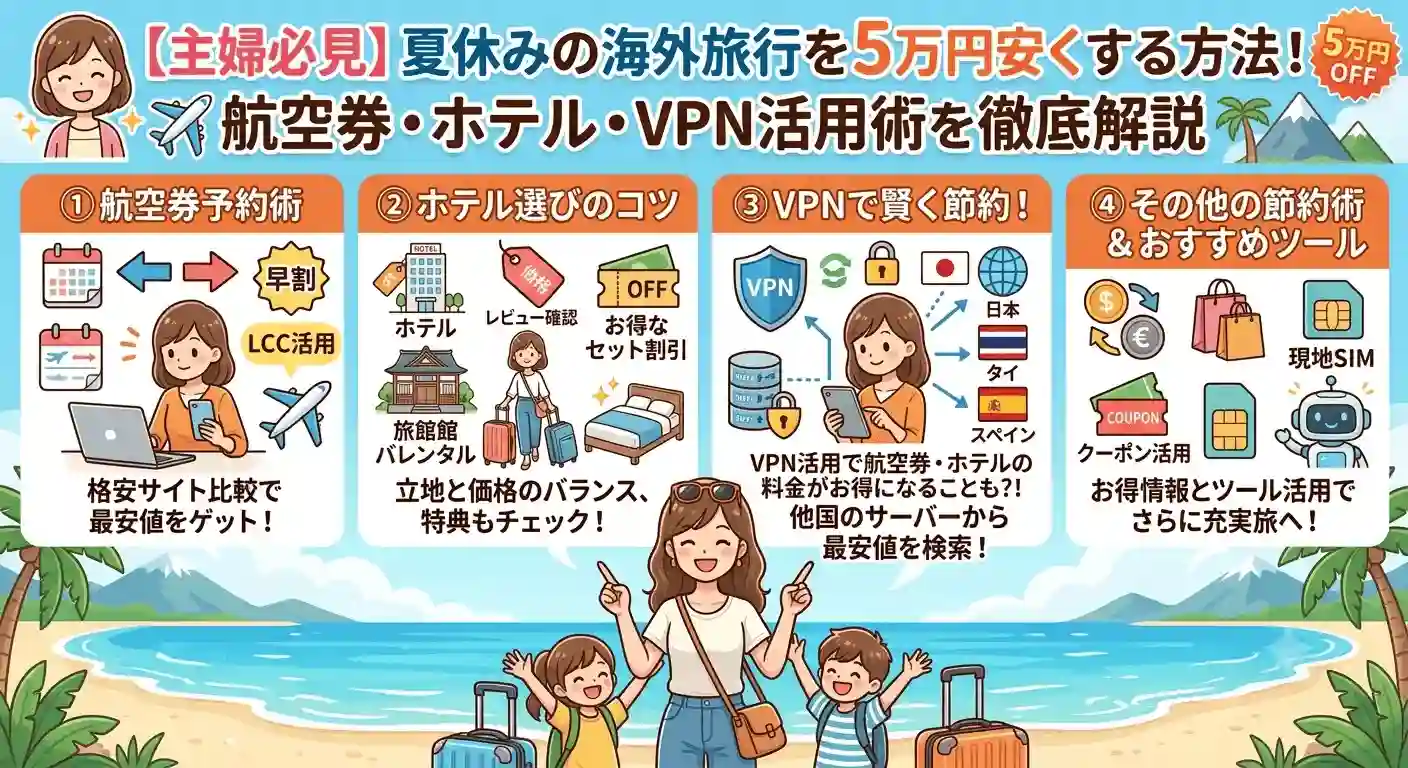 【主婦必見】夏休みの海外旅行を5万円安くする方法！航空券・ホテル・VPN活用術を徹底解説